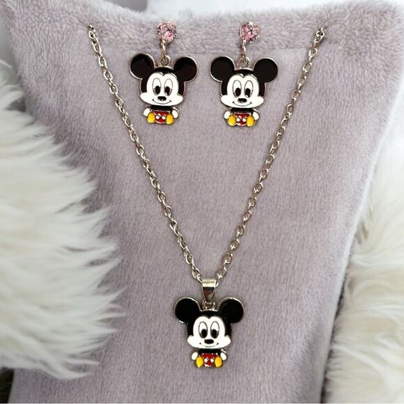 Baby Mickey Mouse Silver Tone Earrings And Necklace Set - Picture 1 of 1